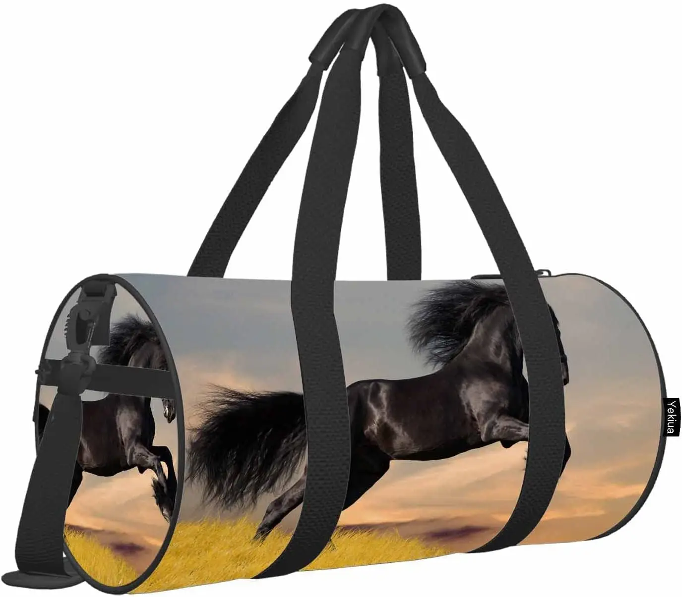 Black Horse Duffle Bag Animal Jumping Black Skin Tail Golden Grass Sunset Gym Bag for Women Man Student Luggage Bag