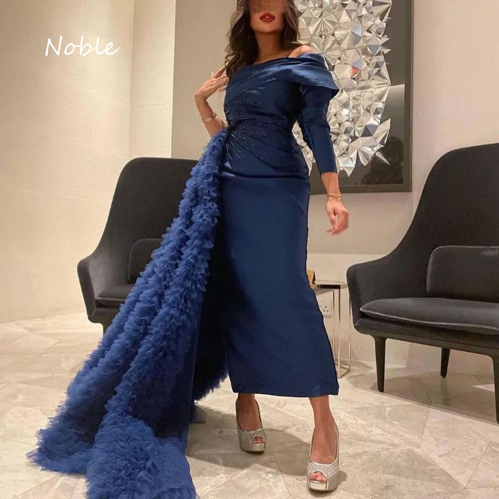 

Noble Exquisite Blue One-Shoulder Satin Formal Evening Dress 2023 Tulle Floor-Length Slim Mermaid Tiered High-end Custom Gowns