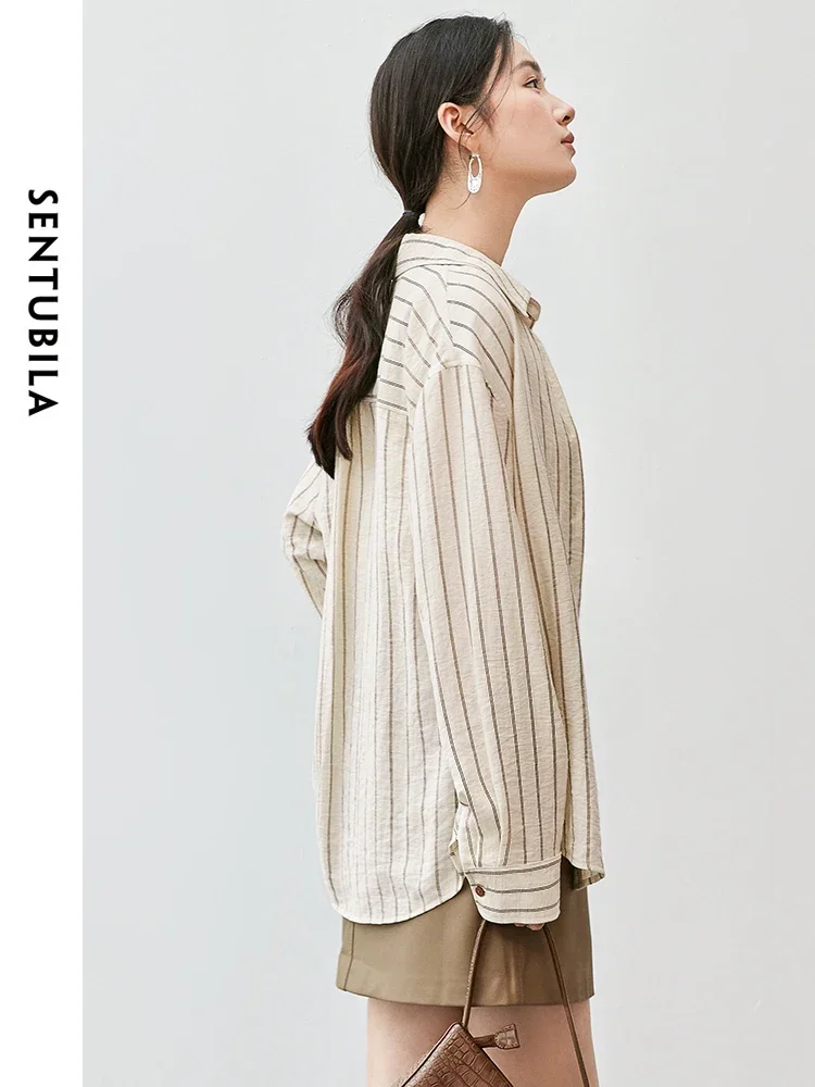 SENTUBILA Women Linen Spliced Striped Shirt  2024 Autumn Casual Loose Turn Down Collar Letter Embroidery  Blouse 143C56024