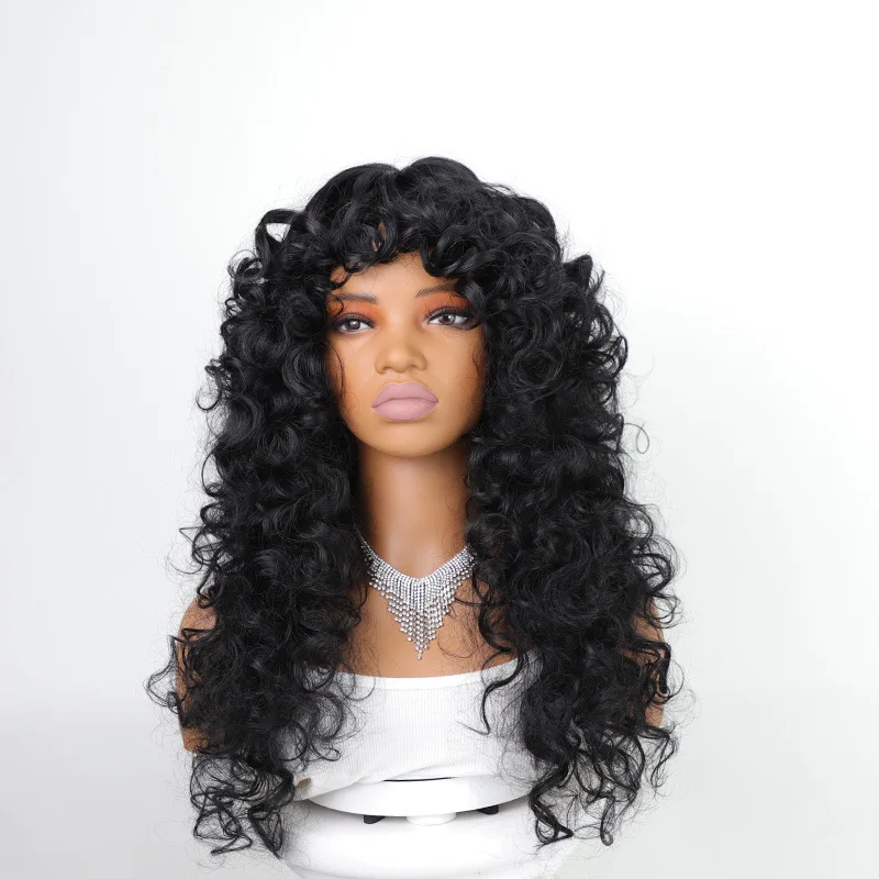 Popular exquisite wig, black long curly hair, fluffy small curly synthetic hair cover, European and American slanted bangs