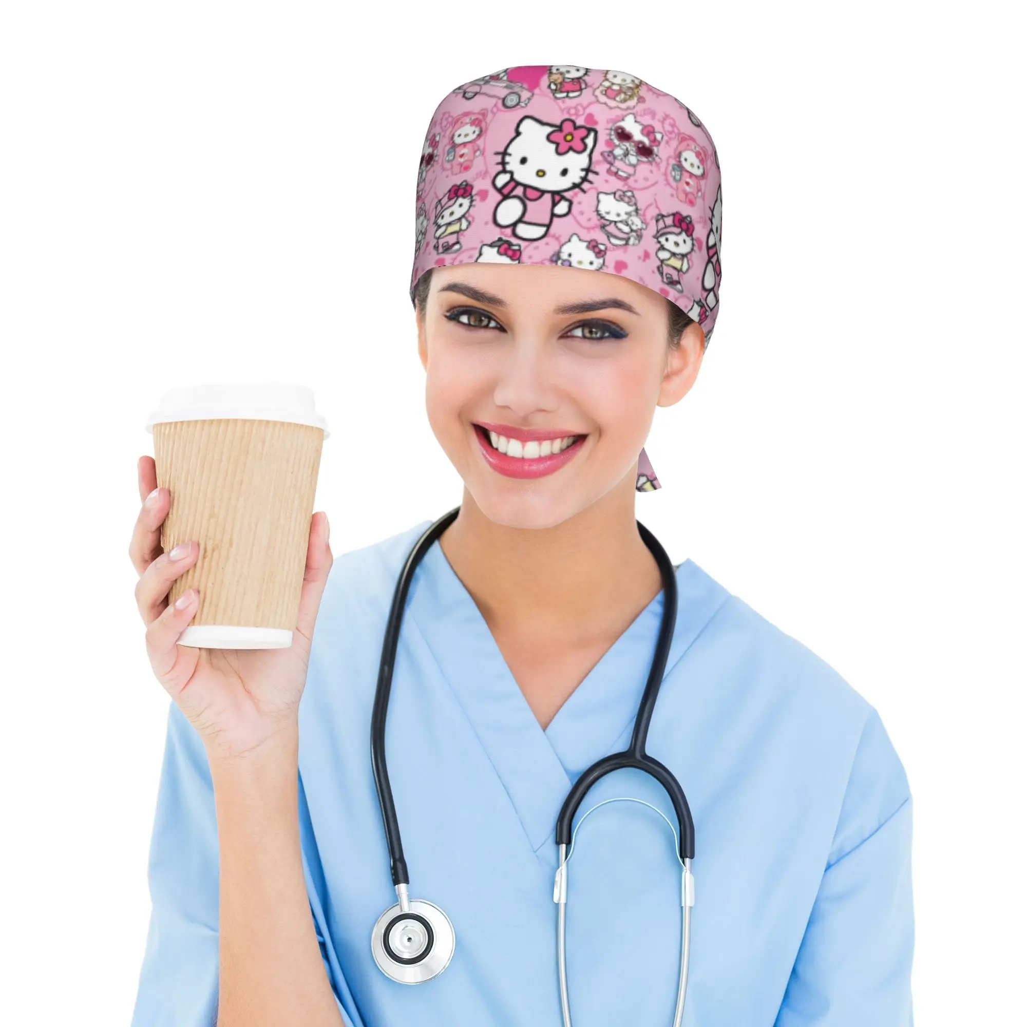 Custom  Cat-Cartoon Cleaning Working Cap Comfortable Unisex Anime Cartoon Scrub Cap Surgicals Hat Nurse Scrubs Hat Nurse
