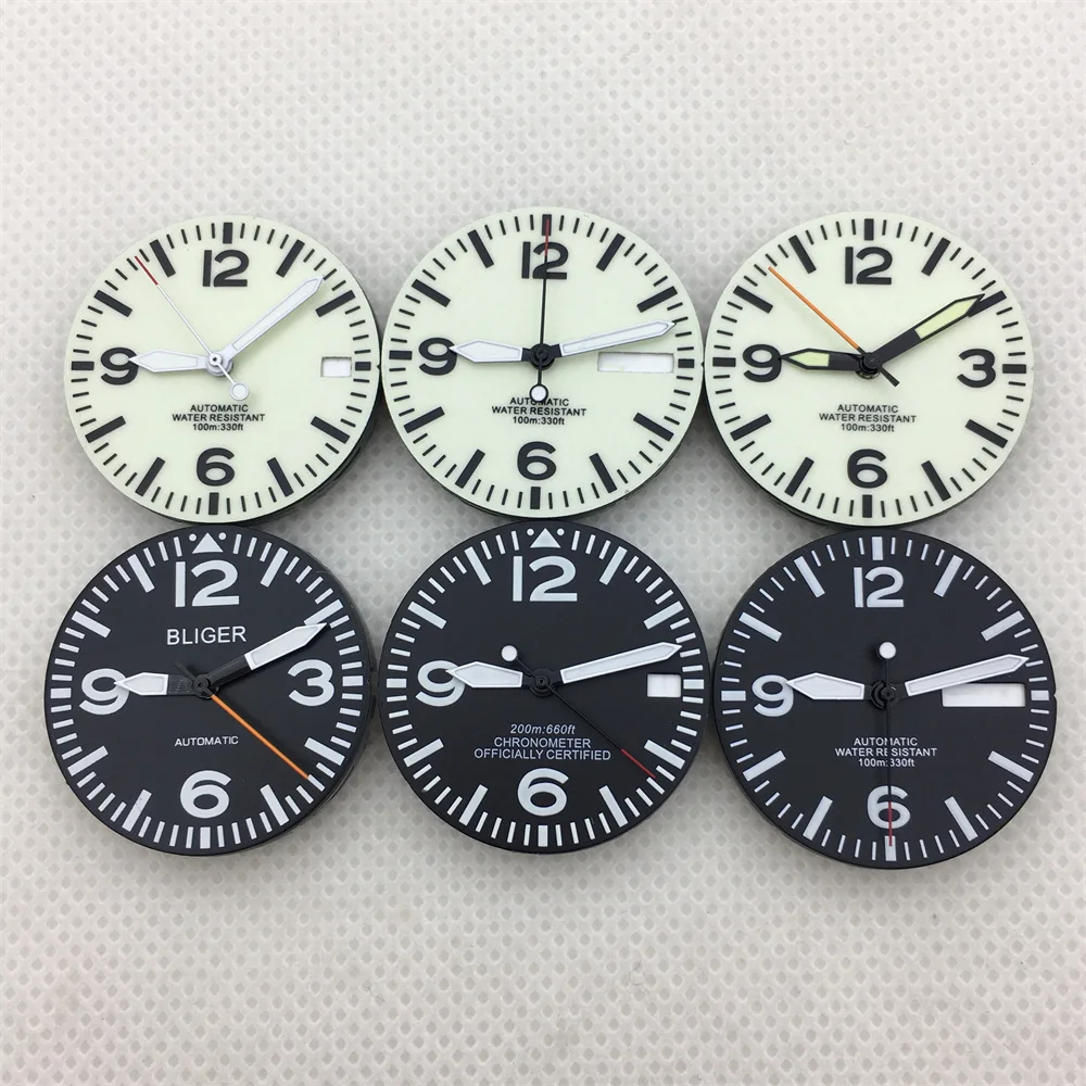 Mostrador branco preto de 29mm com ambas as mãos mostrador luminoso completo para movimento NH35 NH36 verde luminoso