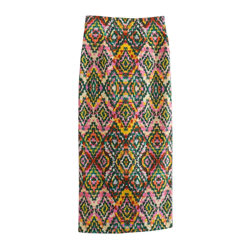 KEYANKETIAN New Vintage Diamond Check Geometric Color Matching Printed Women's Knot High-Waisted Skirt Slit Ankle-Length Skirt