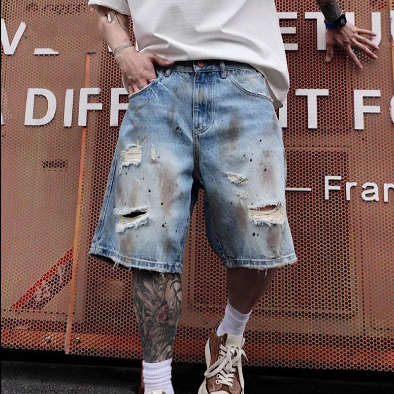 

KIDWHXR Men's Denim Short Scontrast Color Distressed Hole Male Casual Shorts Streetwear Loose Straight Man Knee-length Jeans