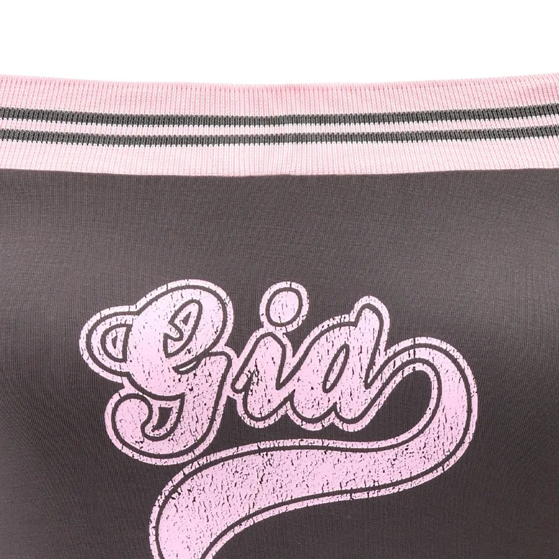 

Summer Y2K girl sexy short sleeved retro letter printed T-shirt retro fashion slant neck slim fit American off shoulder shorts s