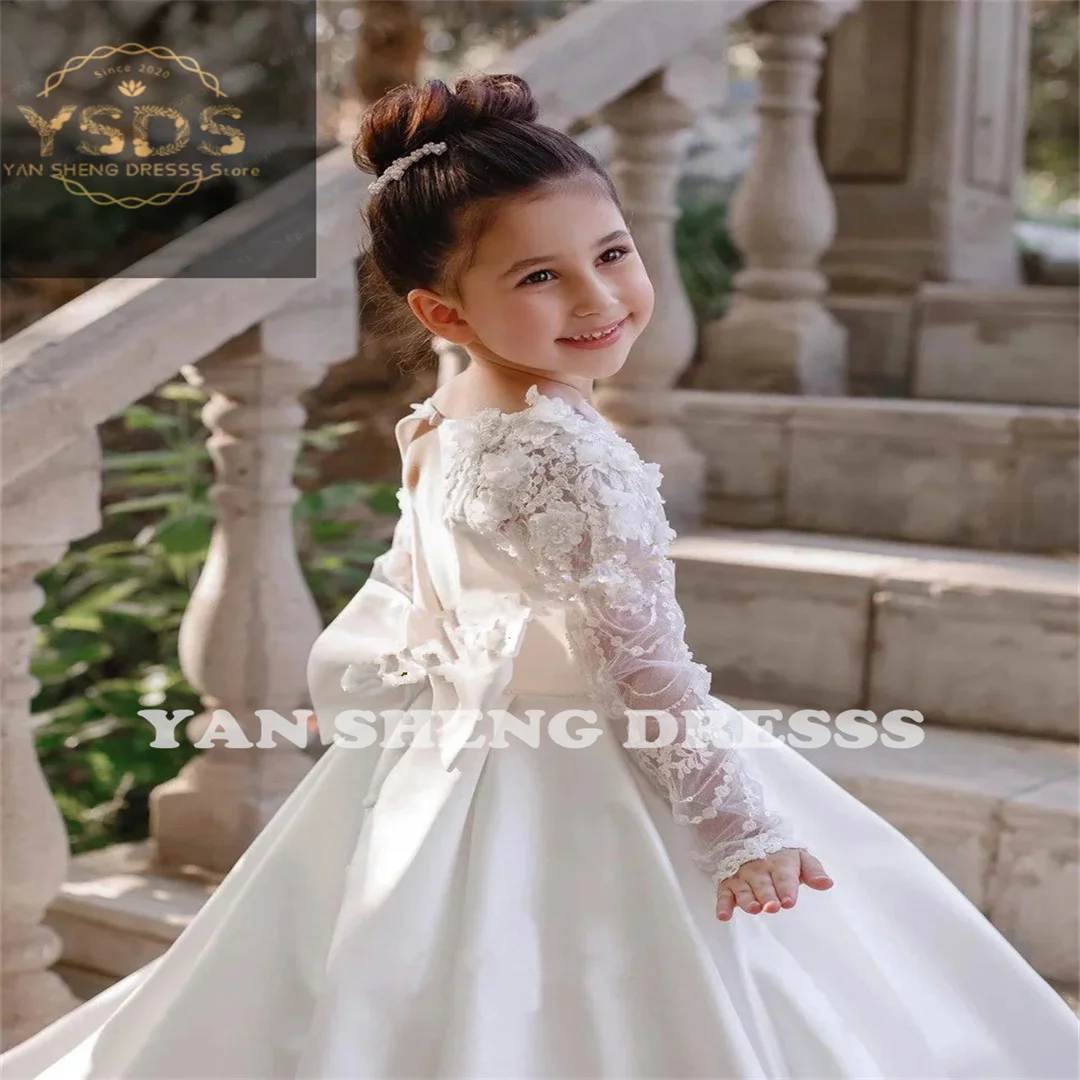 Flower Girl Dresses for Kids Luxury Princess White Satin Gown Long Sleeve Illusion Lace with Bow Wedding Evening Party