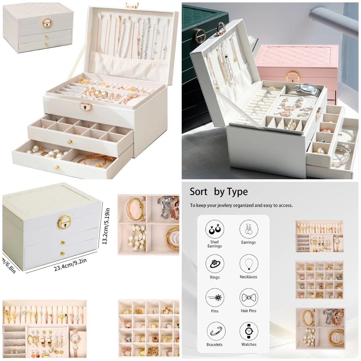 

Jewelry Organizer Box, 2-Drawer 3-Tier, Gold Key, White PU Leather with Velvet Lining, Gift for Girls & Men