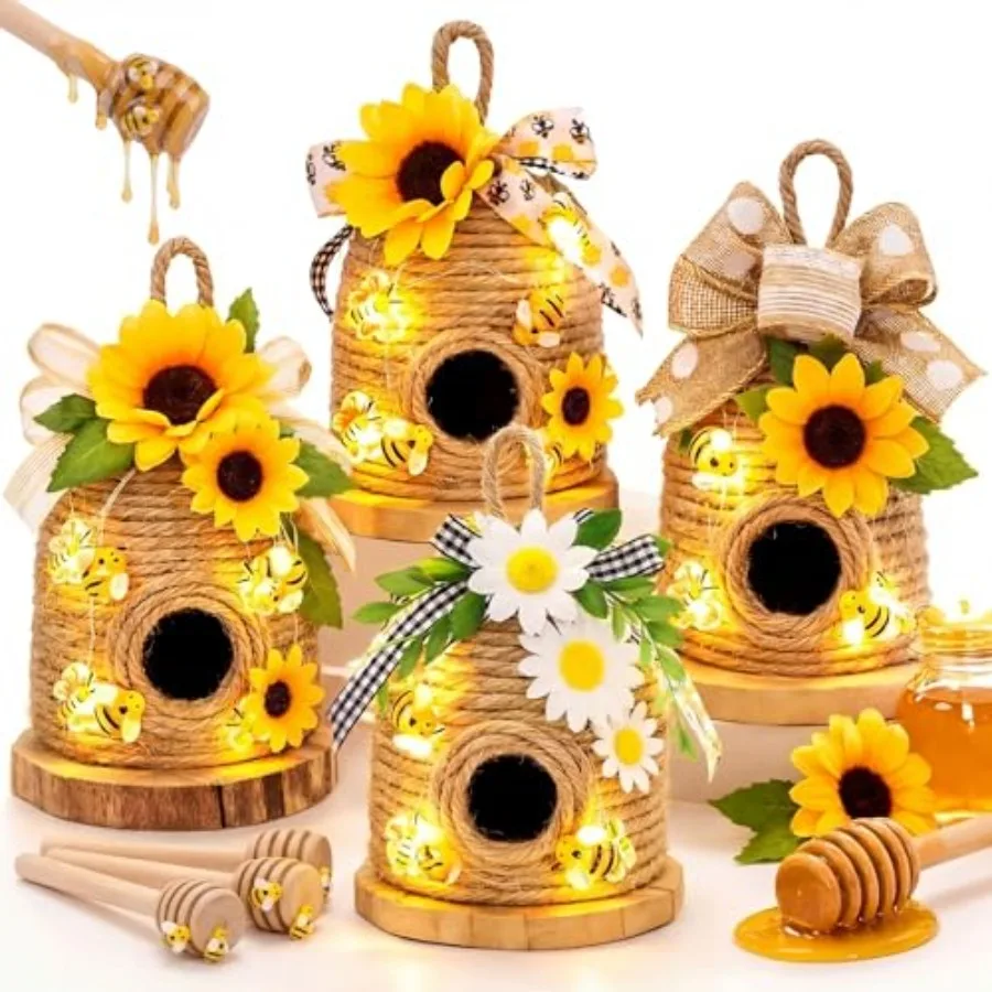 

31 Pcs Sunflowers Bee Hive Decor Farmhouse Rustic Bee House Decoration Bumble String Lights Honey Dipper Sticks Resin Honeybee