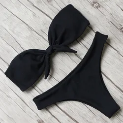 2022 kobiet Bikini Sexy stałe strój kąpielowy na lato muszka wysokie cięcie Bandeau Bikini Set dwuczęściowy Swimmear kobiety купаликк женский