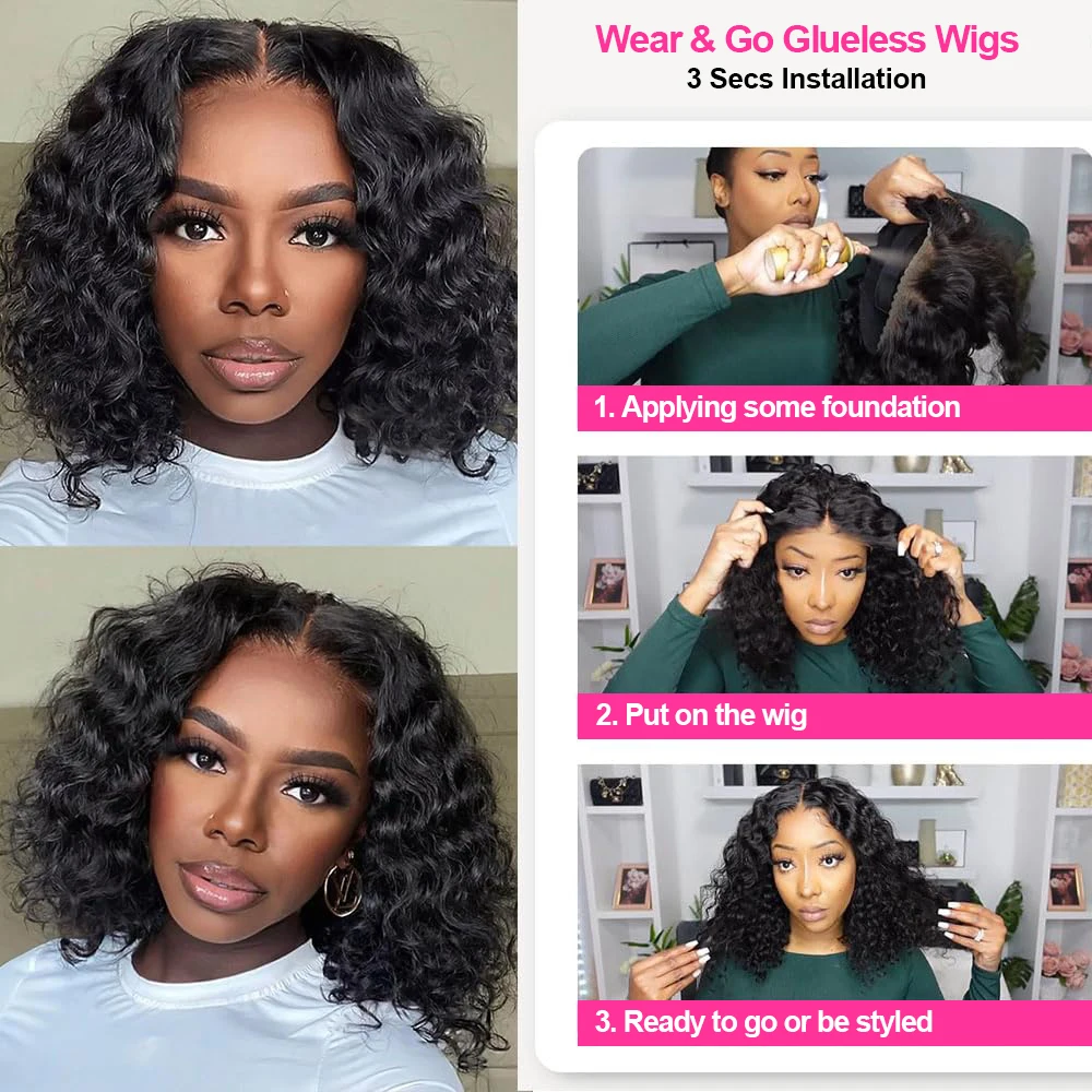 Pre Cut No Glue Wear to Go 13x4 Water Wave Bob Wig For Women Curly 7x5 Glueless Human Hair Wig 100% Ready To Go Short Bob Wig