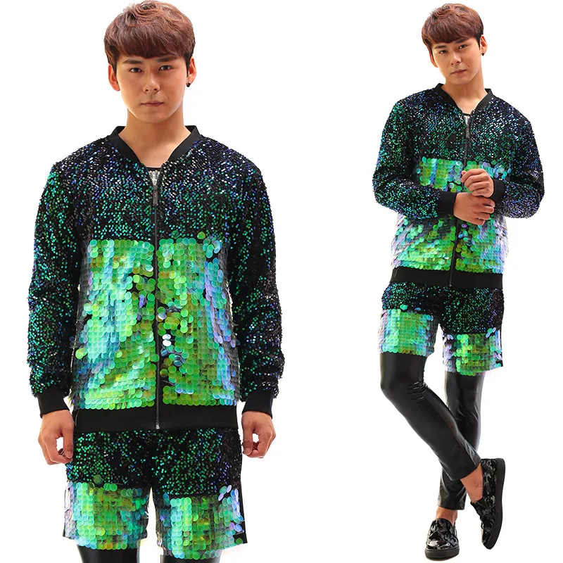 Rock Hip Hop Male Singer Dancer Performance Clothes Glitter Green Scales Sequin Jacket Pants 3 Piece Set Nightclub Stage Costume