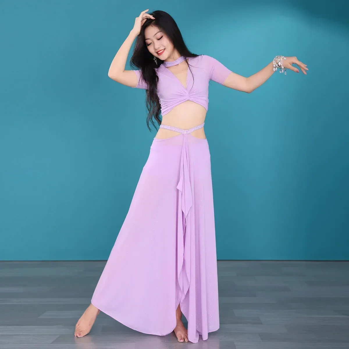 Women New Belly Dance Set Oriental Dance Bellydance Costume Sequins Yarn Practice Set Dance Competition Costume 2pcs Top+Skirt