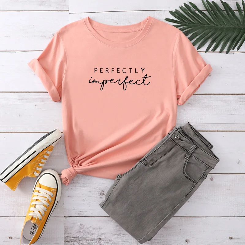 Perfectly Imperfect Letter Print Women\'s T-shirt Harajuku Casual Short Sleeve Black T-Shirt Female Summer Street Clothes Girl