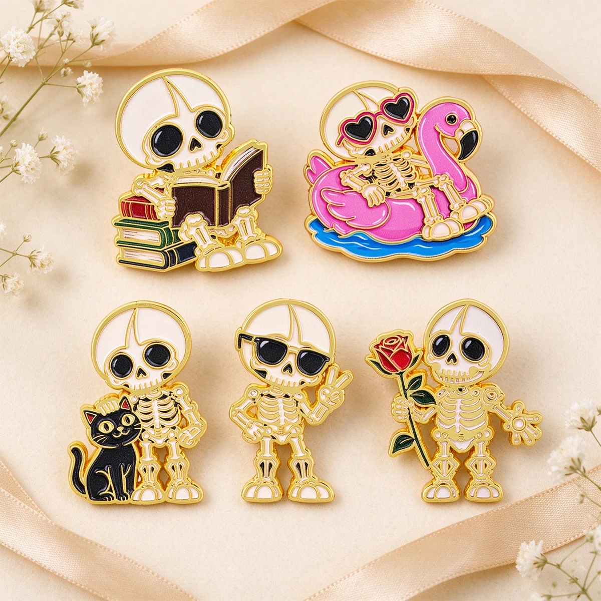 5pcs Cute Skeleton Enamel Pin Set Lapel Pin Funny Skull Brooches For Women Clothes Jewelry Metal Pins Hat Badge Accessories
