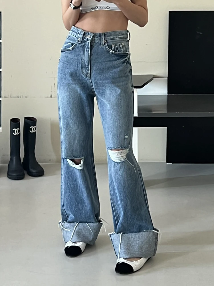 Jeans feminino de cintura média rasgada, vintage, ajuste solto, angustiado, calça jeans longa, buracos, perna larga, reto, feminino