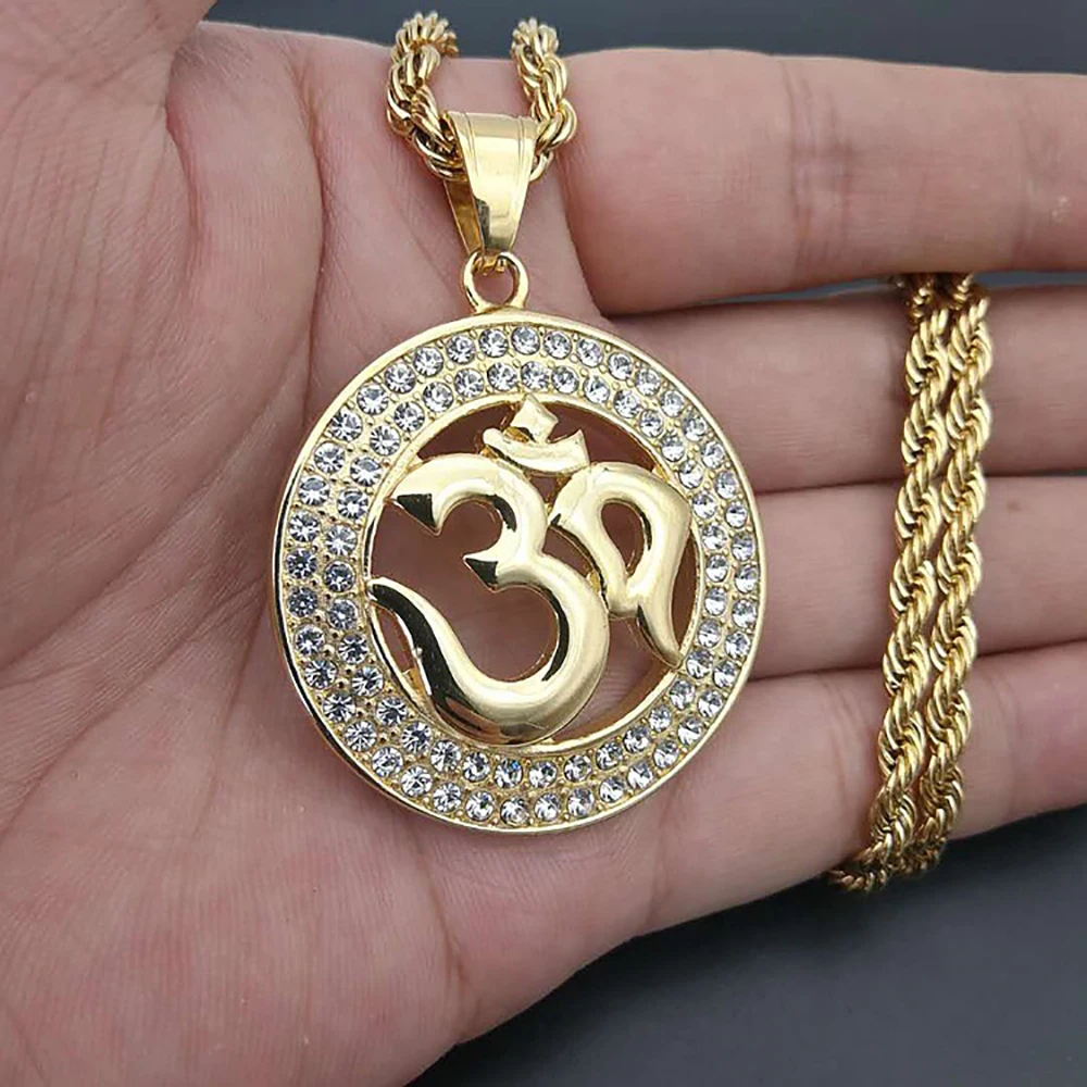 Hip Hop Iced Out Yoga Pendant Necklaces Gold Color Stainless Steel OHM Hindu Buddhist AUM OM Necklace For Men Women Jewelry Gift