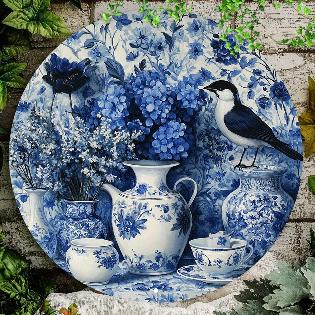 2D Flat, 2D Flat - Vintage-style Round Sign, Blue and White Porcelain-effect Aluminum, Measuring 8.0inch X 8.0inch, Featuring Fl