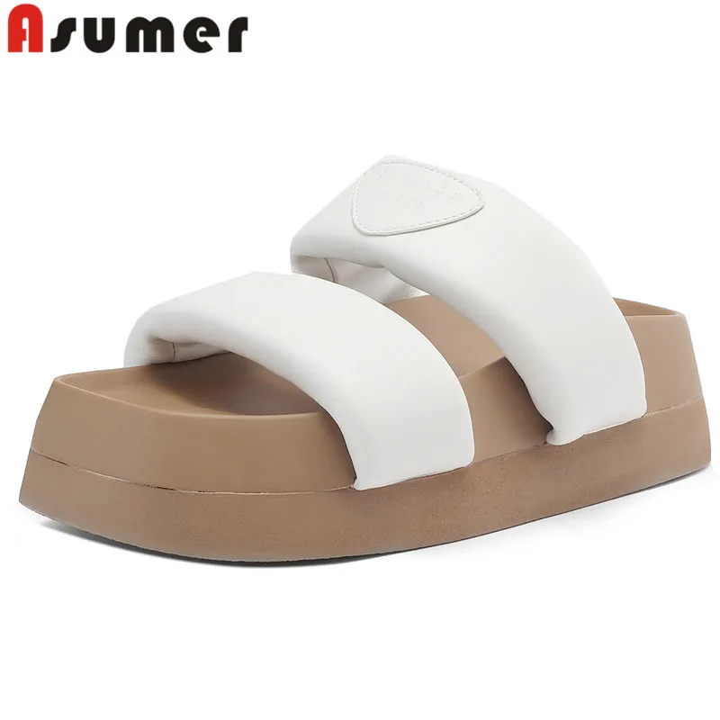 

ASUMER 2024 New Sheepskin Leather Slippers Women Street Style Ladies Platform Casual Slippers Flat With Heels Summer Shoes