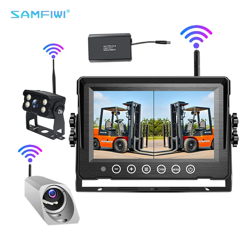 7 Inch Wireless Split Screen Monitor 2CH Front View Camera Magnetic Base Built-in Power Bank Forklift Safety Monitoring System