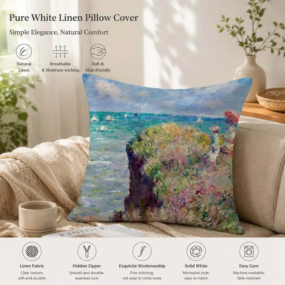 Claude Monet Natural Oil Painting Cushion Cover 1/4PCS Linen Sofa Couch Bedroom Living Room Home Office Decor Pillow Case