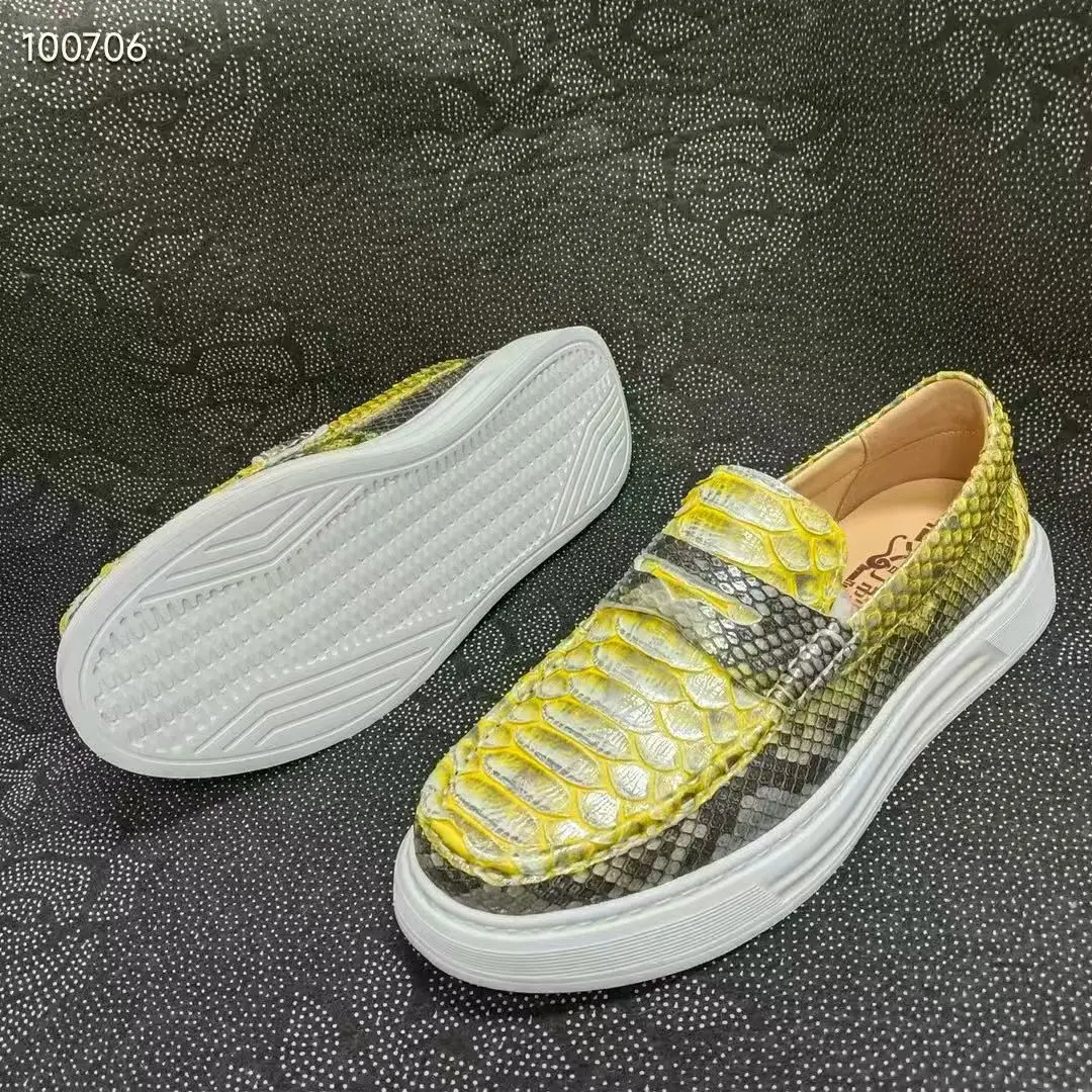 حذاء مسطح للرجال مصنوع من جلد الثعبان الحقيقي لعام 100% عالي الجودة باللون الأصفر والذهبي من جلد الثعبان حذاء رياضي أنيق للرجال #3