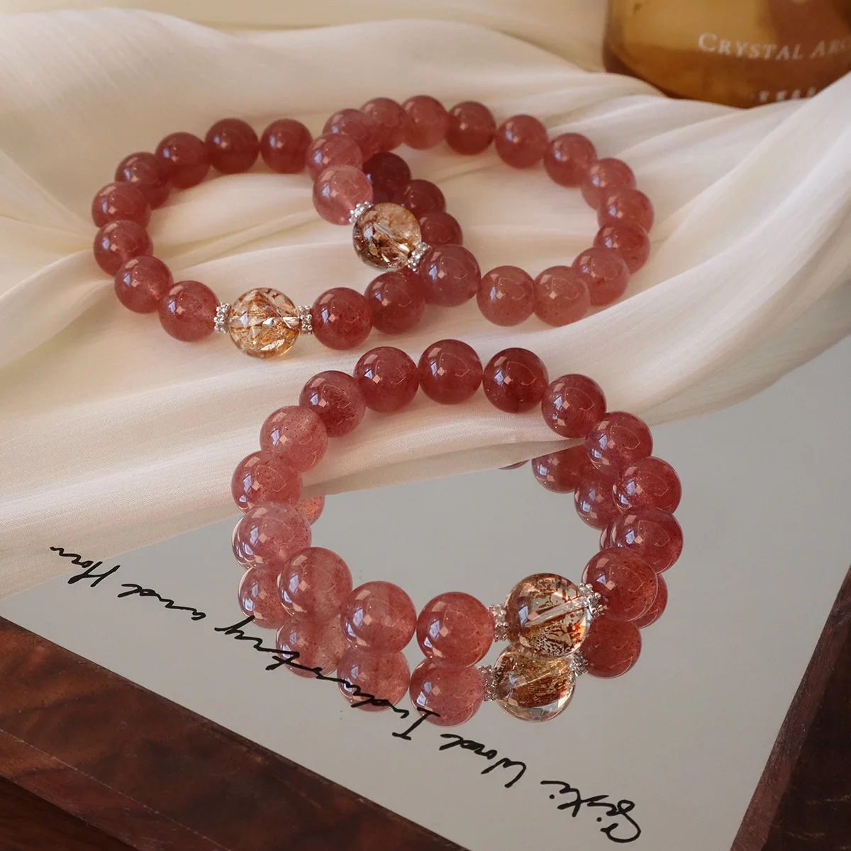 

High Quality 12MM Natural Strawberry Quartz Beaded Women Bracelet with 14MM Gold Foil Crystal Minimalist Luxury Fine Jewelry
