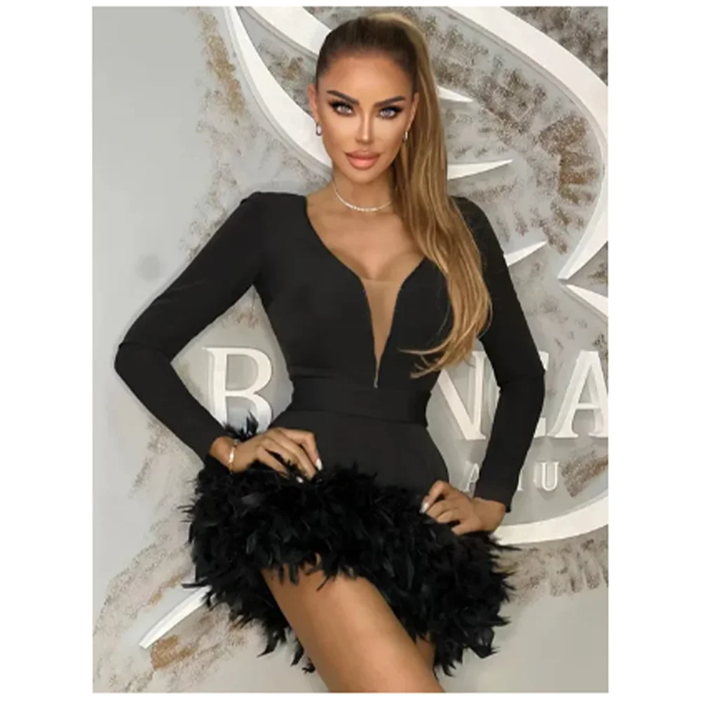 New Fashion Women Prom Dresses Sexy Deep V-Neck Long Sleeve Feather Mini Dress Morden Evening Club Dinner Party Dress Custom