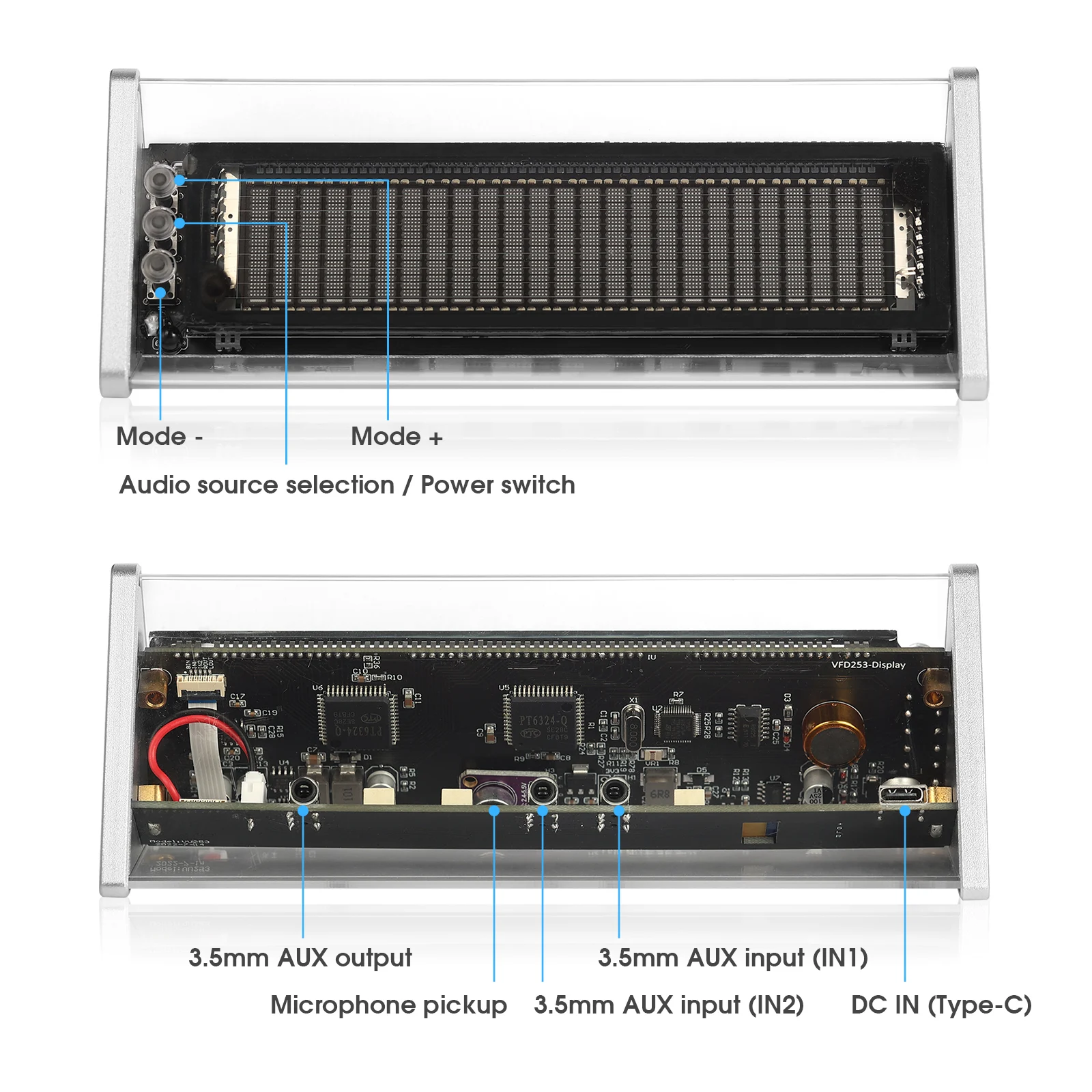 Nobsound Bluetooth 5.0 VFD hodiny hudba spektrum displej obrazovka řádný přesný měřič 3.5mm AUX audio switcher skříňka