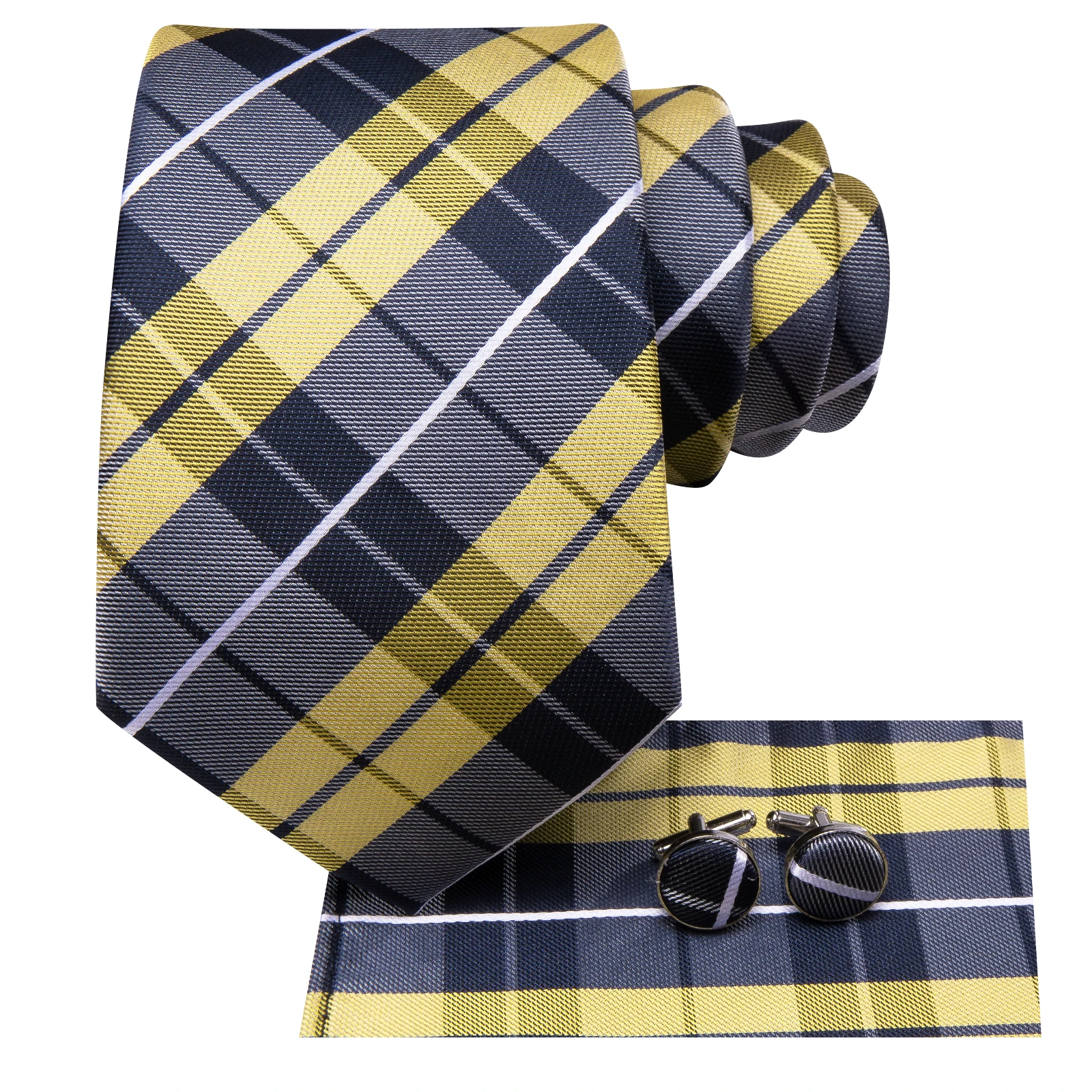 Hi-Tie Lemon Yellow Grey  Checks Plaids Tie For Men Elegant Necktie Pocket Square Cufflink Groom Wedding Accessory Wholesale