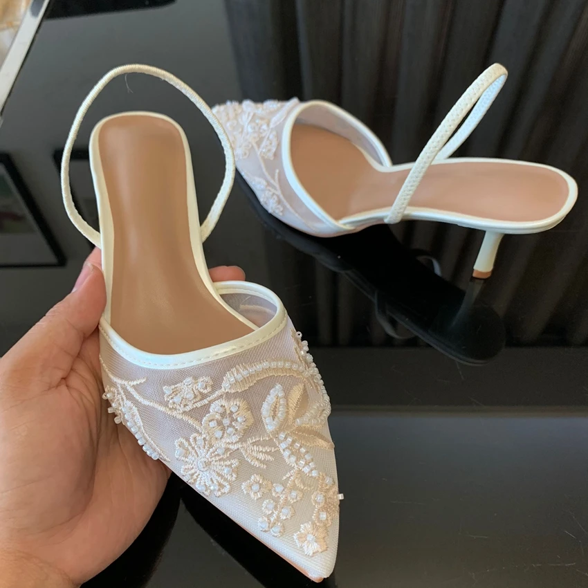 Brand Designer Mesh Embroidered White Women's High Heels Flower Straps Sexy Bareback High Heels Dress Women's Wedding Shoes view 3