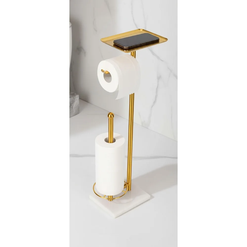 

Freestanding Toilet Paper Holder with Storage Tray, Marble Base Holds 3 Extra Rolls, No Drill Installation (Gold)