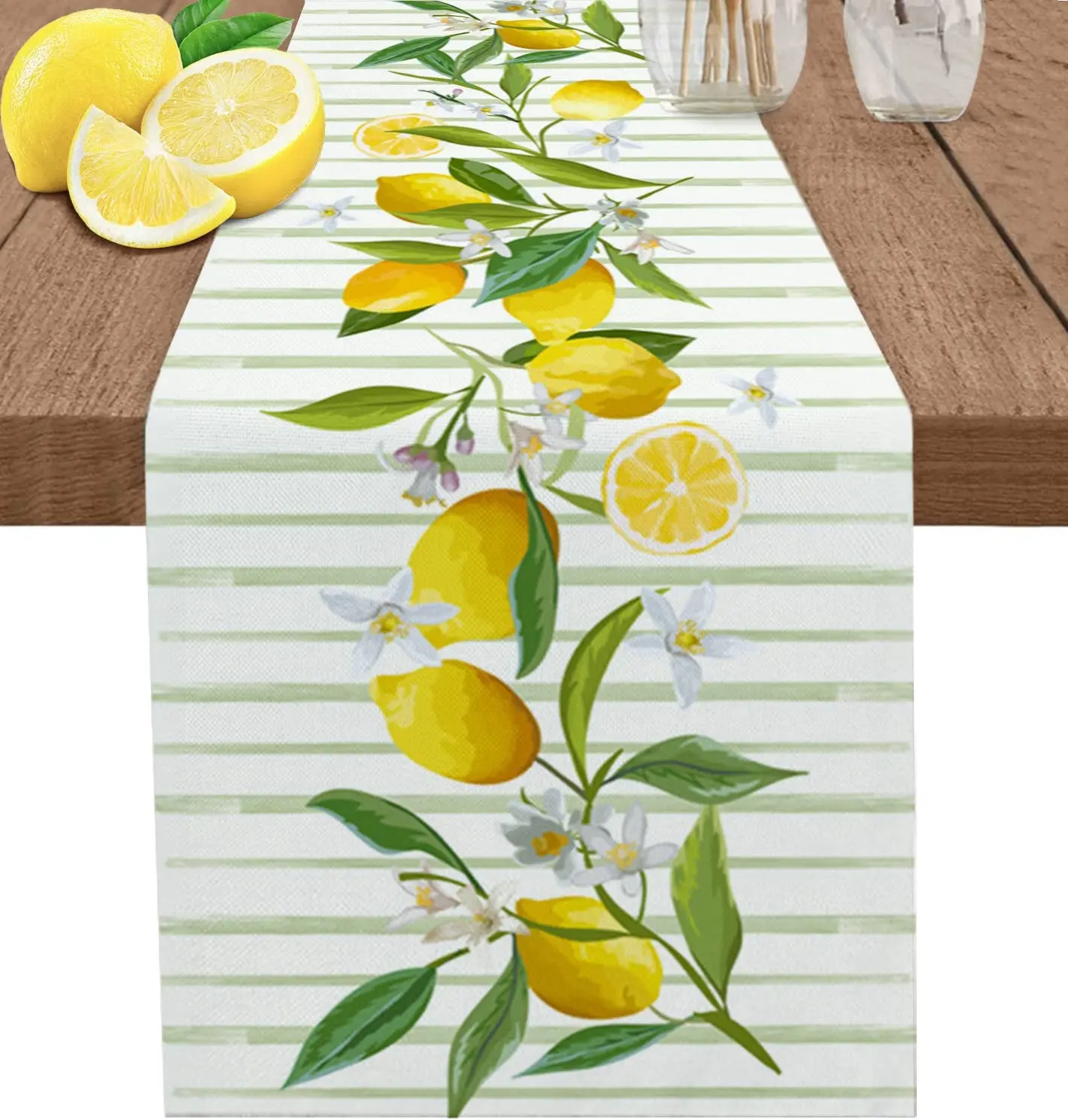 Summer Lemon Green Stripes Linen Table Runner Wedding Decoration Washable Table Runner for Dining Table Party Decor