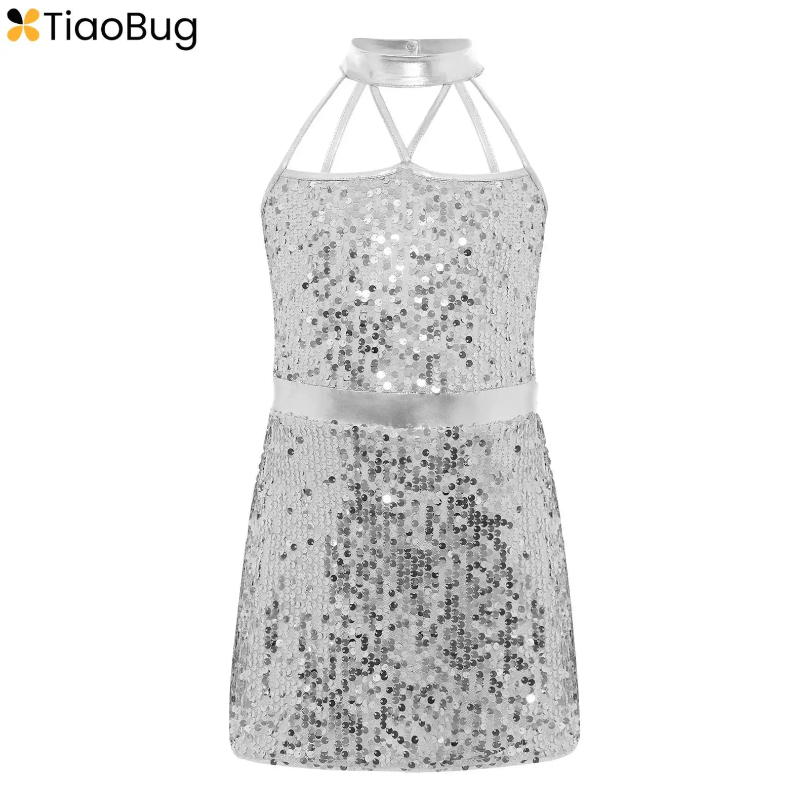

Kids Girls Sequined Jazz Latin Dance Outfits Halter Strappy Sequins Metallic Dress Shorty Unitard Dress Ballet Ballroom Perform