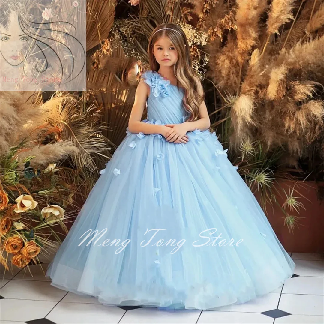 Vestidos hinchados de un hombro para niña, vestidos de flores con ajuste de flores, Princesa, fiesta de boda, primera comunión, vestidos de espectáculo de moda, azul cielo