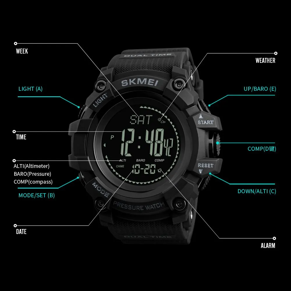 Skmei Pedometer Digital Sport Watches Mens Altimeter Thermometer Weather Tracker Wristwatches Waterproof Pressure Compass Clock