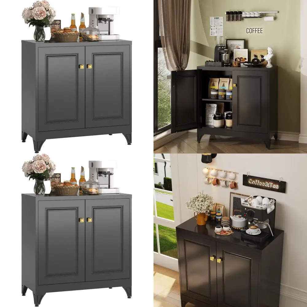 

Black Dining Room Sideboard with Adjustable Storage Shelves and Buffet Cabinet