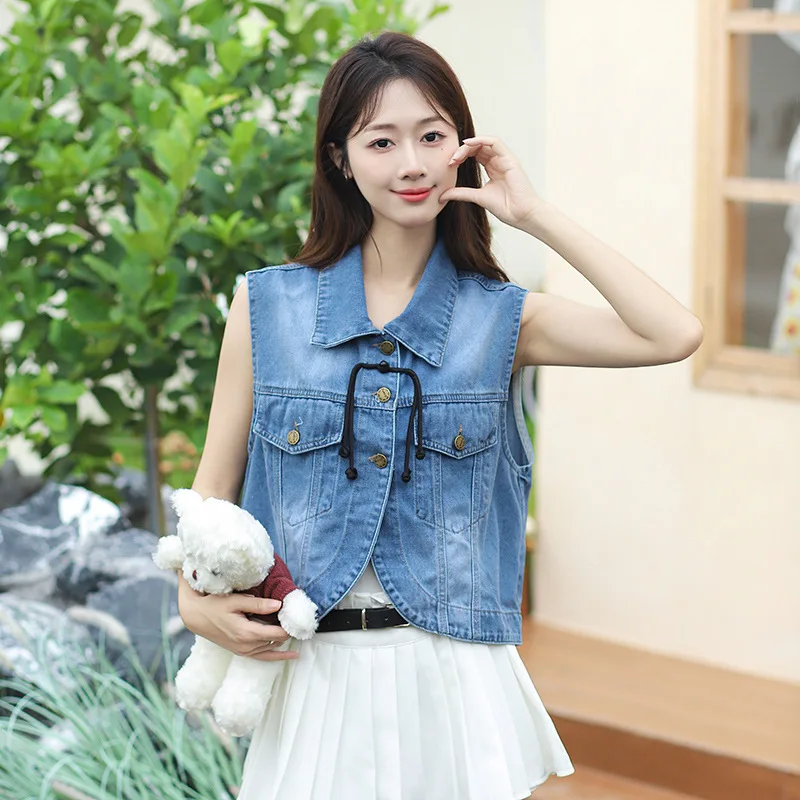 

Women's Casual Loose Versatile Lace Up Irregular Retro Denim Top Vest Summer New Waistcoat