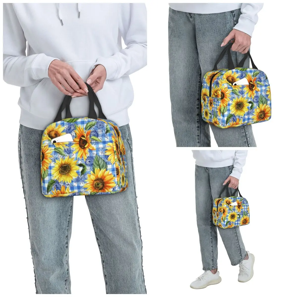 Vibrant Sunflower And Bule Plaid Insulated Lunch Bag for Office Cooler Thermal Food Box Tote Portable Lunch Boxes Container