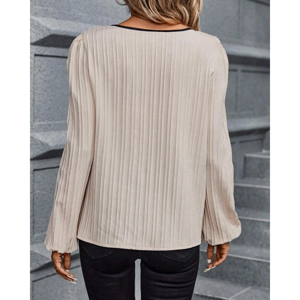 Elegant Women Colorblock Striped Long Sleeve Casual Blouse Top Spring V Cut Blouse Top Fashion Outwear Fall Clothing