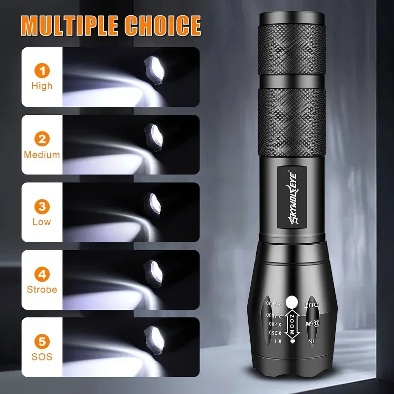 Skywolfeye Super Light Led Flashlight Set 5 Lighting Modes Zoomable Torch with 2 Slot Battery Charger for Hiking