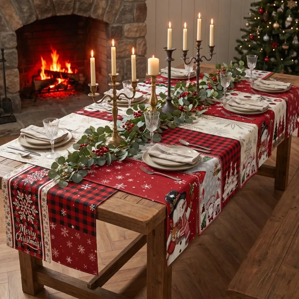 Santa Claus Christmas Table Runner Reindeer Snowflake Christmas Table Flag Snowman Desk Decor Xmas Tablecloth Festival