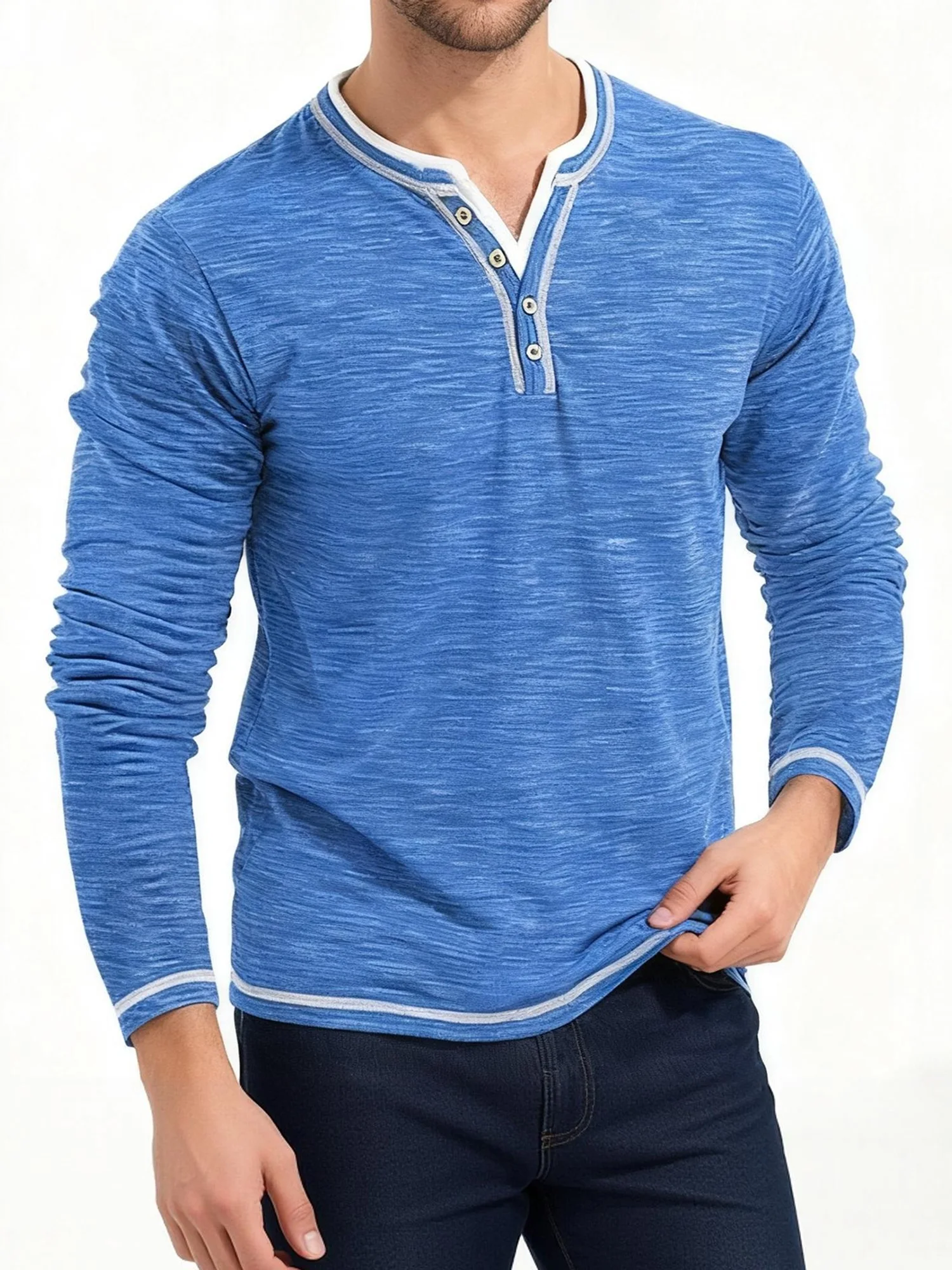 قميص هينلي أنيق بأكمام طويلة للرجال مع حواف متباينة وتفاصيل نصف أزرار تتميز بتصميم رقبة على شكل حرف V كاجوال #3