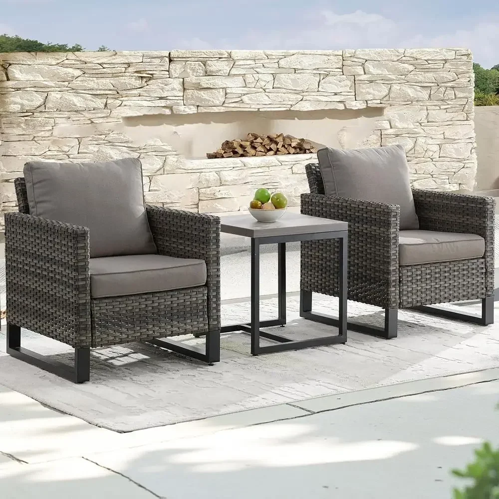 3-Piece Outdoor Bistro Set: Rattan Patio Chairs with Waterproof Cushions and Metal Frame in Mixed Grey