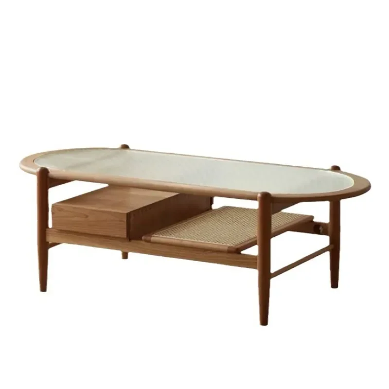 Japanese coffee table living room household solid wood double-layer Changhong glass rattan tea table small