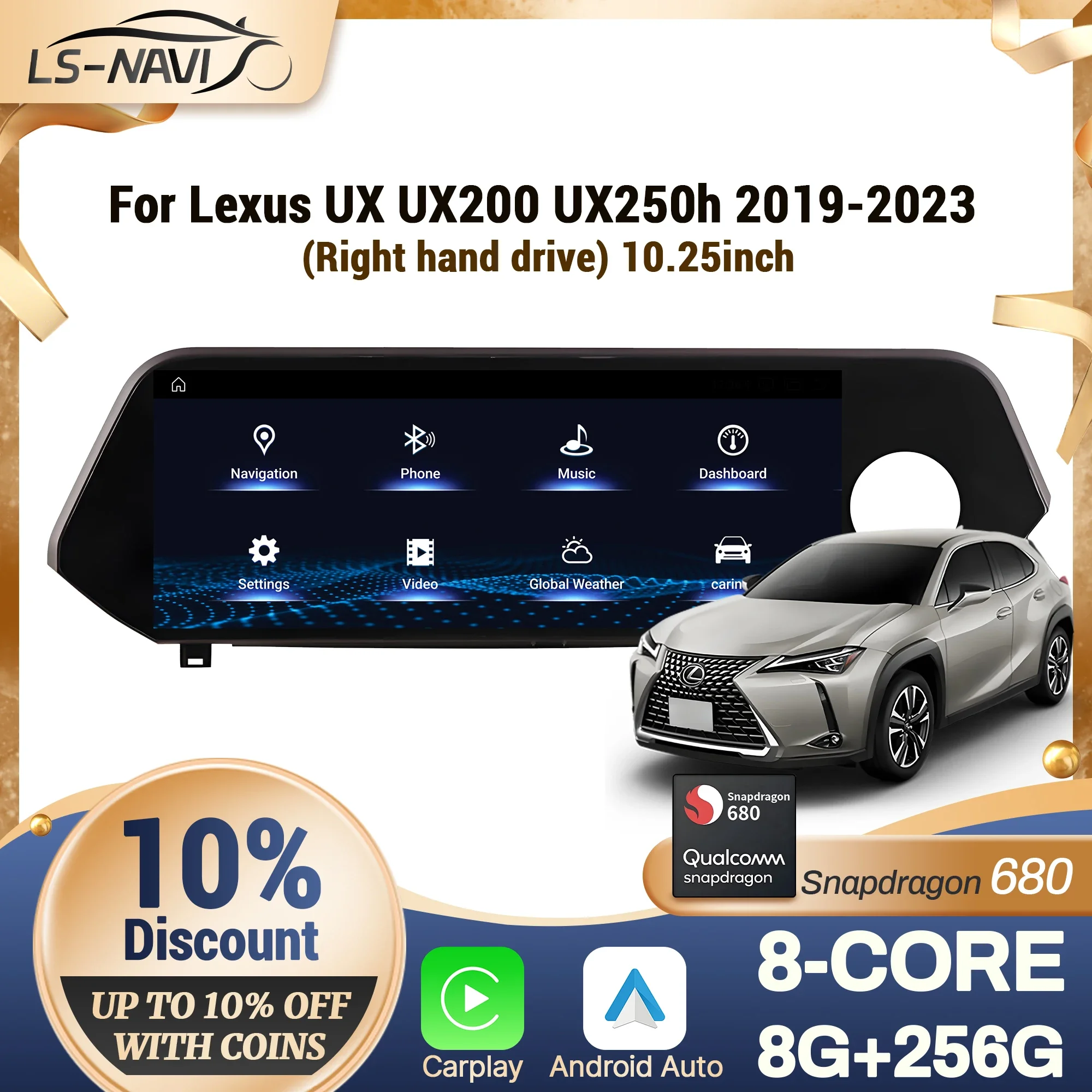 

10.25" Right hand drive For Lexus UX UX200 UX250h 2019-2023 Car Radio Wireless CarPlay Multimedia Snapdragon 680 Screen