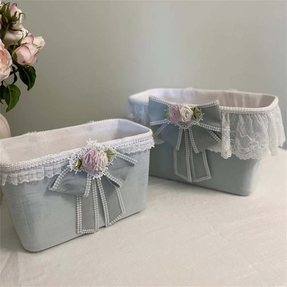 

French Velvet Storage Basket Girl Style Lace Rose Decoration Household Underwear Cosmetic Desktop Cotton And Linen Storage Box