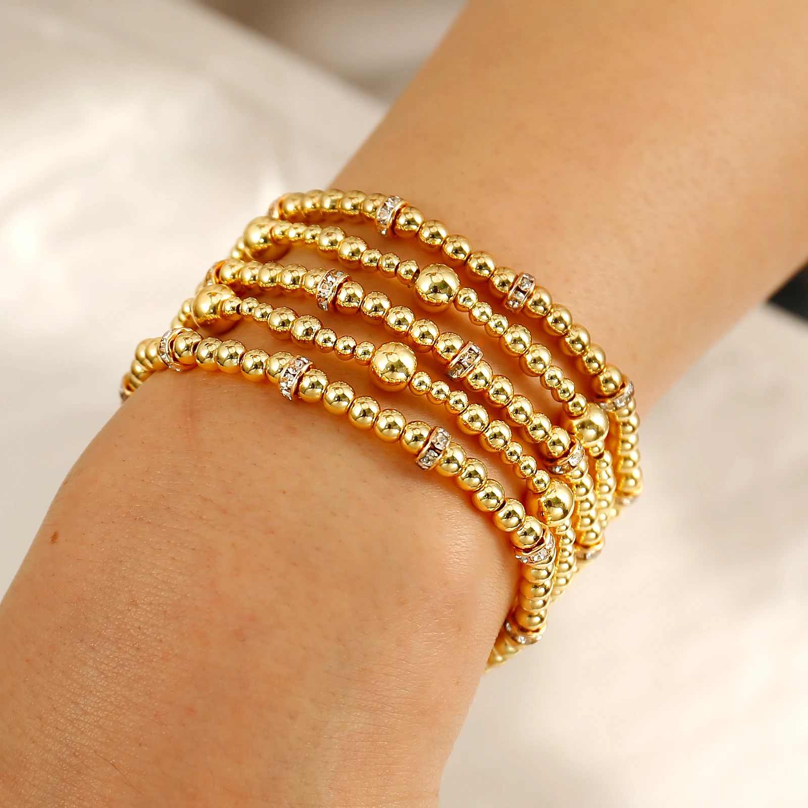 Badu Delicate Cubic Zircon Beaded Bracelet for Women Stackable Stretch 14K Gold Plated Bead Ball Bracelet Trends Jewelry Gifts