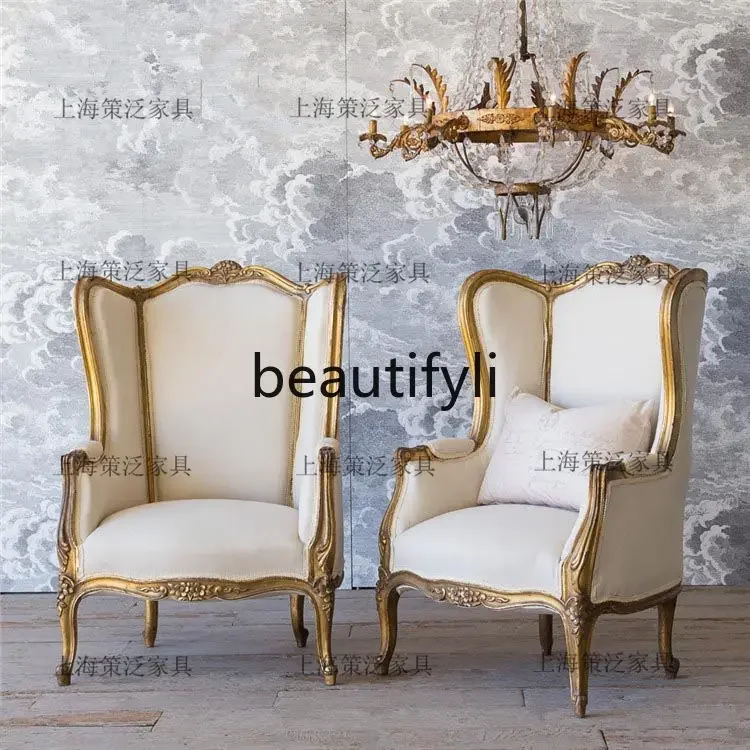 Q178 American Country Solid Wood Gold Old High Back Tiger Chair French Luxury Living Room Single Sofa Chair
