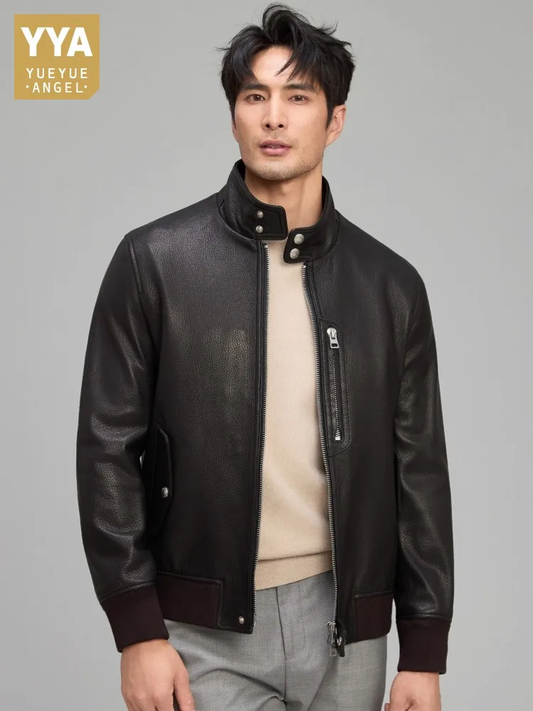 New Designer Mens Stand Collar Real Goatskin Windproof Moto Biker Bomber Jacket Slim Fit Punk Style Genuine Leather Jacket Coats