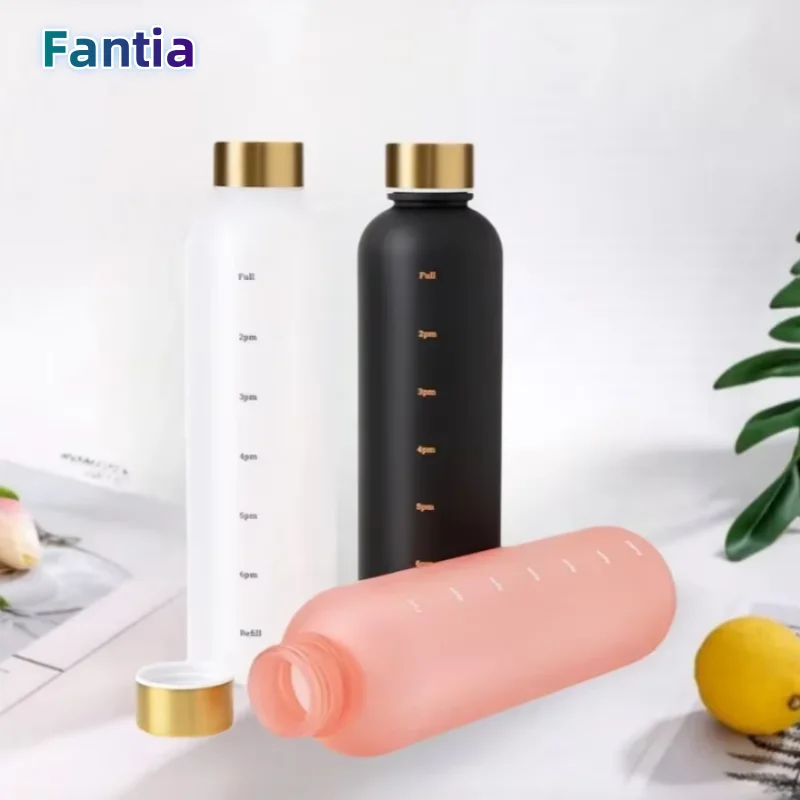 

1L Bottle With Time Marker 32 OZ Motivational Reusable Fitness Sports Outdoors Travel Leakproof BPA Free Frosted Plastic